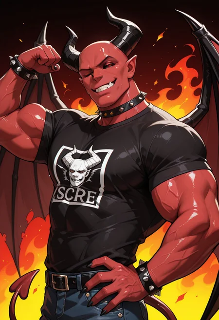 solo, male focus, masterpiece, absurdres, very aesthetic, ultra-detailed, amazing quality, masculine, mature male, 
1boy, demon, demon horns, black sclera, red eyes, black nails, sharp nails, red skin, devil wings, devil tail, pointy ears, underbite, fangs, muscular, bara, black shirt, short sleeves, graphic t-shirt, band shirt,  huge biceps, pectorals, abs, spiked choker, spiked bracelets, flexing, grin, teeth, one eye closed, winking, arm up, clenched hand, hand on hip, looking at viewer, half-closed eyes, narrowed eyes, bald, shiny skin, from side, side view, jeans, belt,
BREAK 
upper body, half-length portrait, perfect lighting, fiery background, abstract background, 
score_9, score_8_up, score_7_up, WaiIL25PosC, Expressiveh,