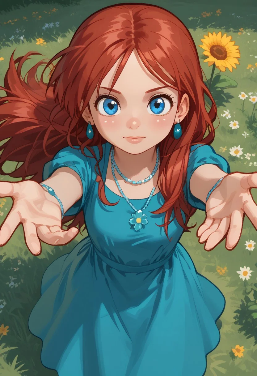 score_9, score_8, score_7, break, kate_df, zzzillionaire1girl, long hair, red hair, blue eyes, necklace, earrings, dress, high angle, reaching towards viewer, cute, adorable, grass. flowers, natural lighting