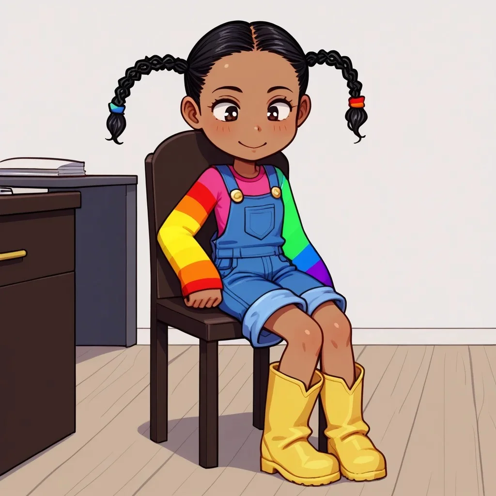 score_9, break, 1girl, three braids, rainbow sleeves, black hair, dark skin, overalls, yellow boots, sitting, chair, desktop