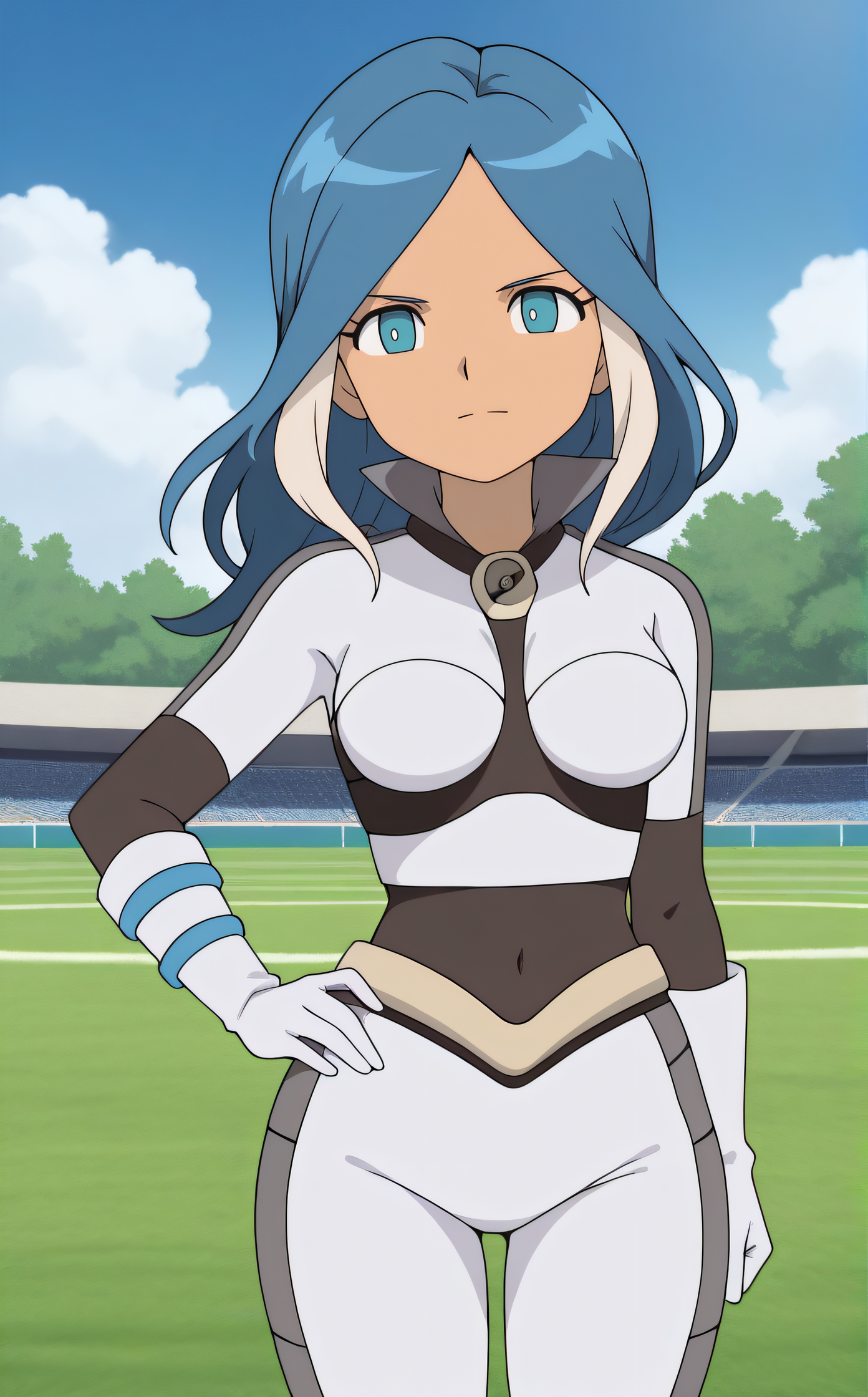 masterpiece, best quality, highres, newest, 1girl, solo, official style, anime screncap, <lora:Ulvida:1>, ulvida, bodysuit, looking at viewer, outdoor, cowboy shot, hand on hip, scenary, soccer field