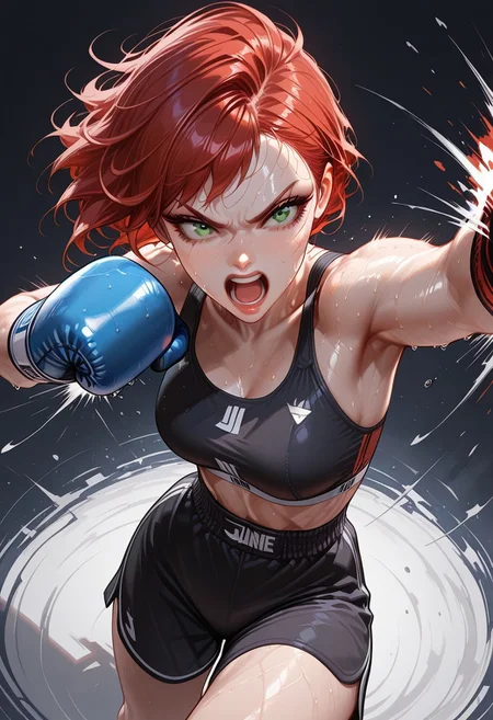 masterpiece, best quality, 32k, high resolution, absurdres,Jednvvd, vivid colors, geometric fragments, abstract patterns, 1girl, Jane, JaneRH, short red hair, swept hair, fit, medium breasts, green eyes, beautiful lips, little freckles, toned, dynamic pose, aesthetic, dynamic pose, kick boxing, sports bra, shorts, boxing gloves, punching, sweaty, badass expression, face closeup, focus on face, high angle view, screaming