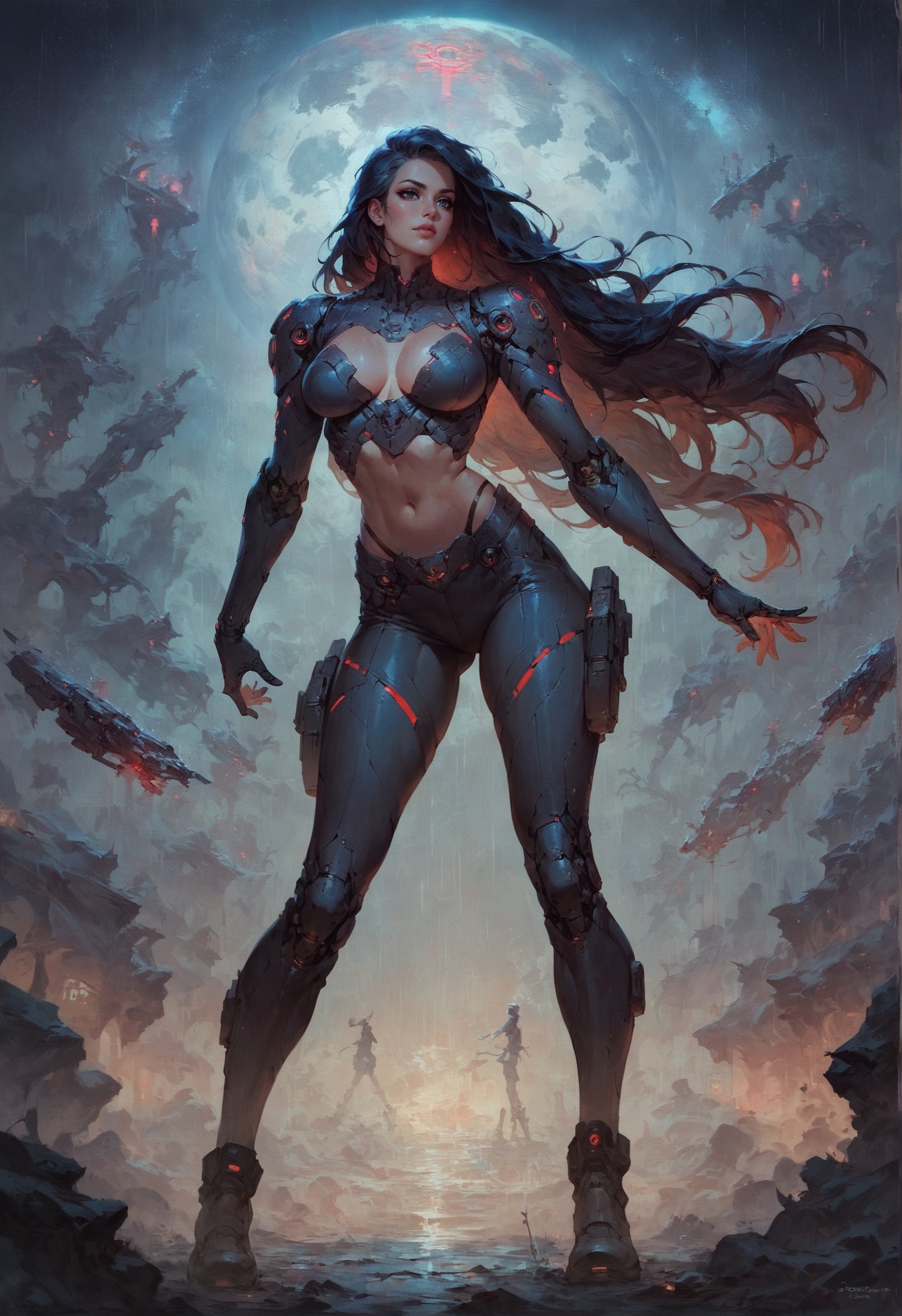 score_9, score_8_up, score_7_up,  enormous spherical (spaceship:1.2), adventurer girl, full body, posing, descending, rainy atmosphere, otherworldly, panoramic, dark neon theme, blue and red lights, long hair, black hair, augmented, cybernetic, plasma, epic, ethereal, stars, atmospheric  <lora:sdxl/pony_twilight_style:0.8>