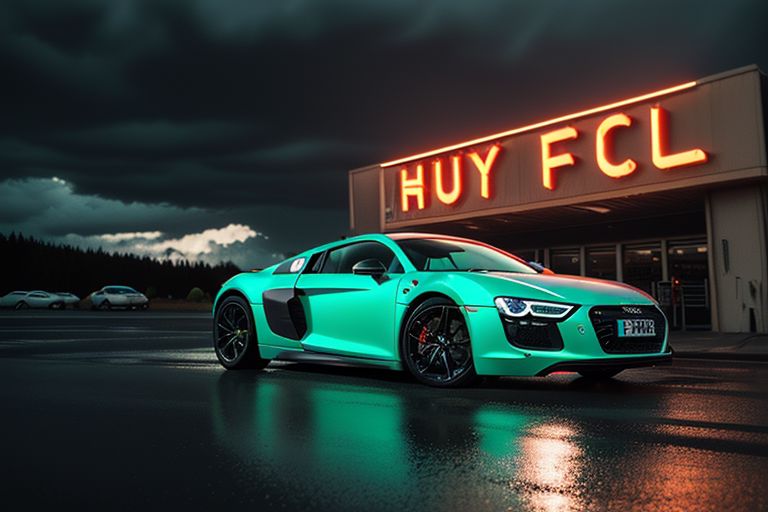 cars fantastic white, [2007 Audi R8], speed, intricate detail ,dark background , HD. Photograph , ((in high climb. Depth of field Natural lighting. Neon signs. Rifle welding guard. Beautiful natural dark rain clouds. Green northem lights)), extremely high quality RAW photograph, ultra detailed photograph, sharp focus, high resolution, (detailed skin:1,3),high quality, film grain, Fujifilm XT3,(Highly Detailed), movie, (Cinematic Photo:1.3) of (Realistic:1.3)