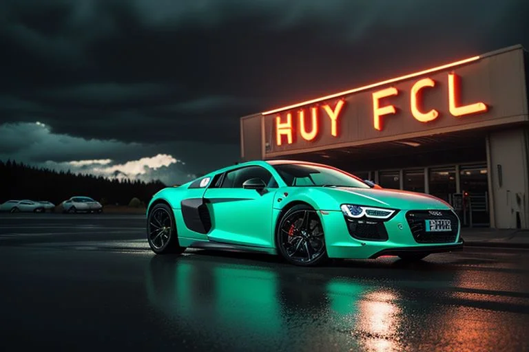 cars fantastic white, [2007 Audi R8], speed, intricate detail ,dark background , HD. Photograph , ((in high climb. Depth of field Natural lighting. Neon signs. Rifle welding guard. Beautiful natural dark rain clouds. Green northem lights)), extremely high quality RAW photograph, ultra detailed photograph, sharp focus, high resolution, (detailed skin:1,3),high quality, film grain, Fujifilm XT3,(Highly Detailed), movie, (Cinematic Photo:1.3) of (Realistic:1.3)