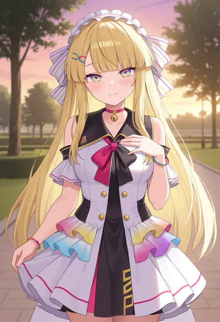 1girl,solo,<lora:kougeicielnanail:0.9>,koucienan,multicolored eyes,long hair,blonde hair,blunt bangs,hairband,hairclip,hair ornament,choker,bell,dress,black collared dress,white dress,bare shoulders,multicolored_frills,frills,looking_at_viewer,cowboy_shot,park,dusk,smile,standing,beckoning,hand on own chest,masterpiece,best quality,good quality,newest,incredibly absurdres,