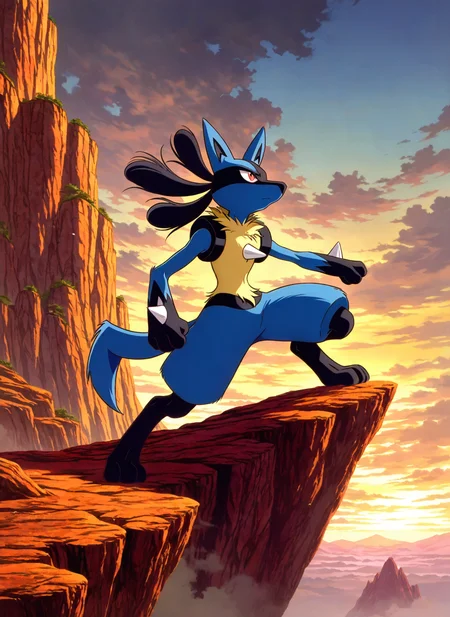 masterpiece, best quality, absurdres, zodikki1, kurumada hair, kurumada eyes, solo, lucario, from the side, full body, cliff, cloudscape, wind, serious