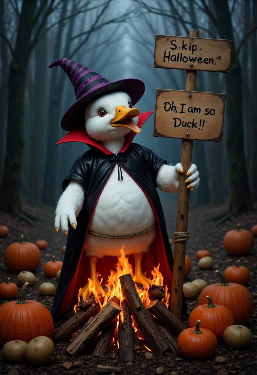 a crowd of farmers surround and circle a duck tied to a wooden stake to be roasted at night, dark dynamic fantasy background, dark magical fantasy background, (distant view, shot from distant:1.2), 
BREAK
an adorable and incredibly cute white duck, with the golden beak and claws, wearing a black Dracula robe on the outside and red on the inside, Its Dracula fangs are clearly visible and Its pupils are bright red. Wearing a dark purple witch hat with black and red stripes. Its claws are very sharp. The duck's body is tied with a rope to a burning stake with fire starting to burn below and surrounding its lower paws, near the pile of wood that is starting to burn, many pumpkins and potatoes are scattered around it. On the top of the pole is nailed a wooden sign that says "Skip Halloween!". Ensure a thought bubble above its head that says "Oh, I am so Duck !":1.5), (ensure the text perfectly correct and accurately written:1.5), aidmatextimprover, handwritinglora,
BREAK
masterpiece, best quality, ultra-detailed, ultra realistic, 8k, RAW photo, perfect composition, perfect colors, colorful, clear photo, surreal, incredible lifelike, highest resolution, uncanny realism, immaculate micro-details, professional photography, analog photo, shot on Canon EOS 5D VI, Fujicolor Pro, radiant god rays, dreamy haze, Photographers collaboration by Oleg Oprisco and Tim Walker, view from distant,