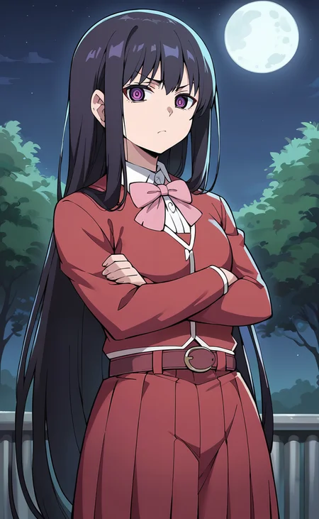 source_anime, zPDXL2, 1girl BREAK
 <lora:oto_adashino:1>, oto_wz, black hair, very long hair, purple eyes, ringed eyes, school uniform, red skirt, bowtie, pink bow, belt, blazer, long sleeves, collared shirt, neck ribbon, standing, cowboy shot, looking at viewer, night, moon, serious, crossed arms,