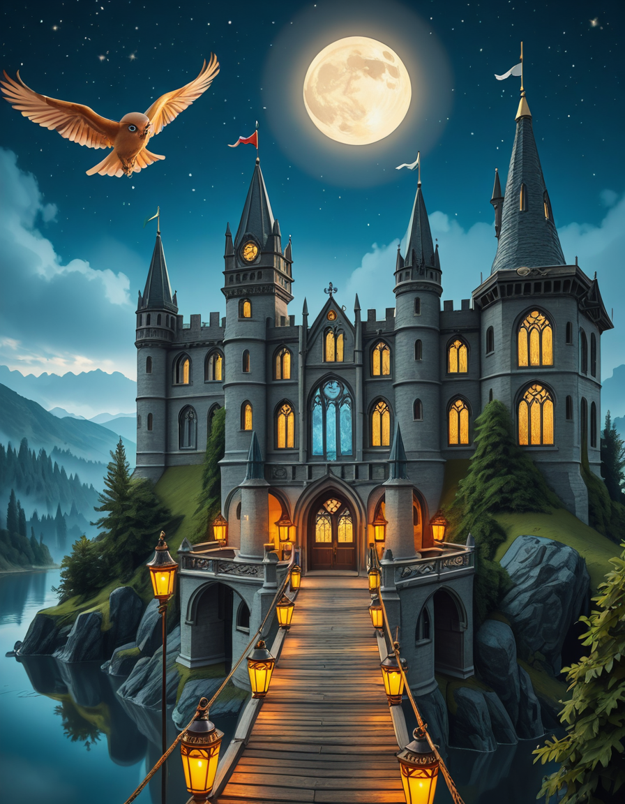 A majestic, ancient castle perched on a rocky hill, serving as a prestigious school for young wizards. The castle is a grand structure with towering spires, intricate gothic architecture, and large stained-glass windows that glow with magical energy. The stone walls are covered in ivy, and enchanted lanterns float around the entrance, casting a soft, mystical glow. A massive wooden bridge leads to the main gate, suspended over a misty, enchanted lake that reflects the moonlight. In the background, rolling green hills and dense, fog-covered forests surround the school, adding an air of mystery. The sky is a deep twilight blue, with stars twinkling and a full moon shining brightly. Some windows in the castle emit warm, golden light, hinting at classrooms filled with spellbooks and students practicing magic. A few owls are seen soaring above, delivering messages. The atmosphere is magical, mysterious, and full of wonder, as if the castle itself is alive with enchantments.
<lora:SDXLFaeTastic2400:0.4> <lora:extremely_detailed:0.4> extremely detailed,ancient c4stl3, <lora:ancient_c4stl3-i:1>, Masterpiece,best quality,hi res,8k,hi res,8k,award winning,(sharp focus, intricate, highly detailed),