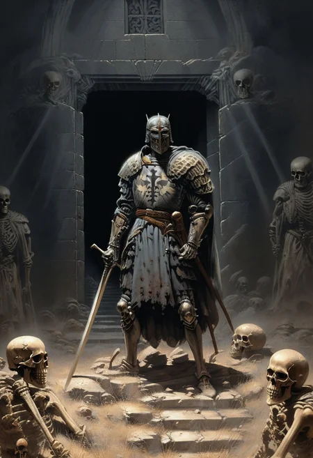 The painting shows the entrance to the crypt, in the gray wall of the mountain. The entrance is framed by wide stone carvings. A large and tall massive wooden door is open and a crowd of skeletons in various decayed military equipment peeks out from behind the threshold. The skeletons reach out to the figure of a warrior standing on the path to the entrance to the crypt. The warrior stands with his back to the viewer. The warrior is wearing gray, half-decayed armor, a sword in his right hand, and a broken shield in his left hand. On both sides of the path lie individual bones and several skulls. A thin ghostly haze spreads across the ground. Faded gray colors. Scattered light. Close-up. Focus on the warrior and the entrance to the crypt. Best quality, masterpiece,