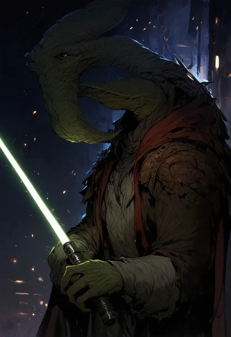 score_9, score_8_up, score_7_up, BREAK,
ithorian hammerhead alien on a space station, window showing stars and wormhole, dramatic lights, (((holding green lightsaber))), swordsman stance, Jedi Knight, Heroic Stance, (((ithorian hammerhead alien)))