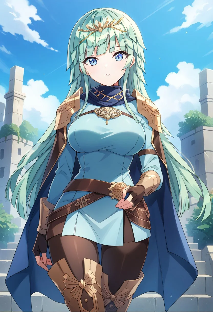 score_9, score_8_up, score_7_up, masterpiece, high quality, cowboy shot, 1girl, solo, front view, looking at viewer, outdoors, sky,
tiara, cape, shoulder armor, blue tunic, long sleeves, cuffs, blue scarf, fingerless gloves, belt, pants, thigh boots,
selenadw, blue eyes, mint hair, long hair, blunt bangs, blunt ends, kishimen hair, large breasts