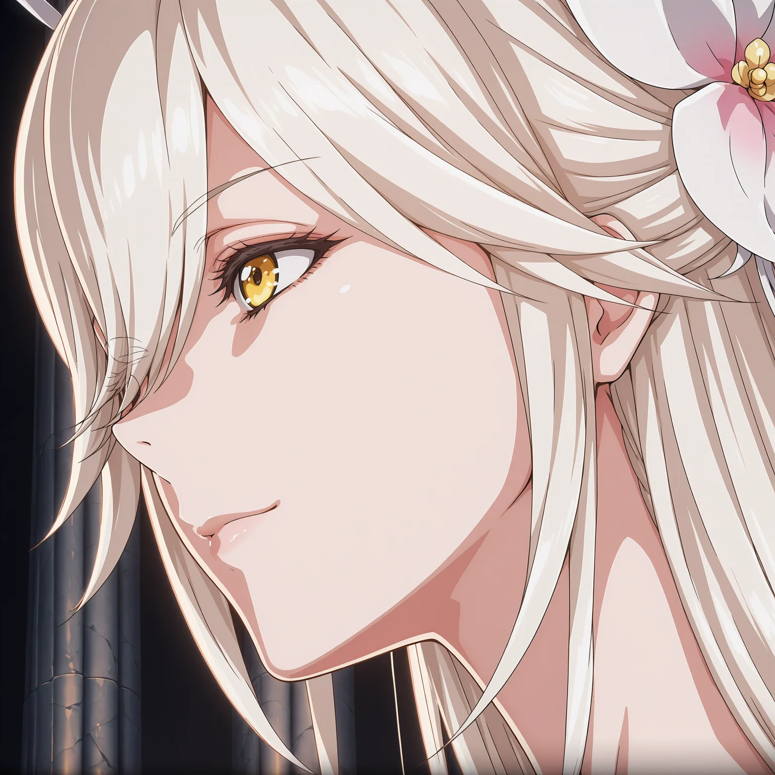 goddess_vicius, 1girl, solo, yellow eyes, (pink hair ornament), white hair, side view, angled view, hair over one eye, <lora:goddess_vicius_ill_v1.10.2:1>, dark background, temple, pillars