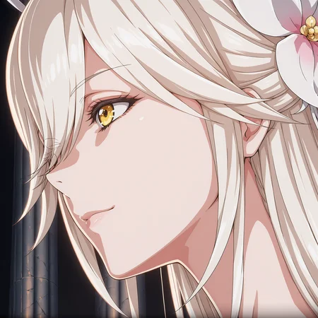 goddess_vicius, 1girl, solo, yellow eyes, (pink hair ornament), white hair, side view, angled view, hair over one eye, <lora:goddess_vicius_ill_v1.10.2:1>, dark background, temple, pillars