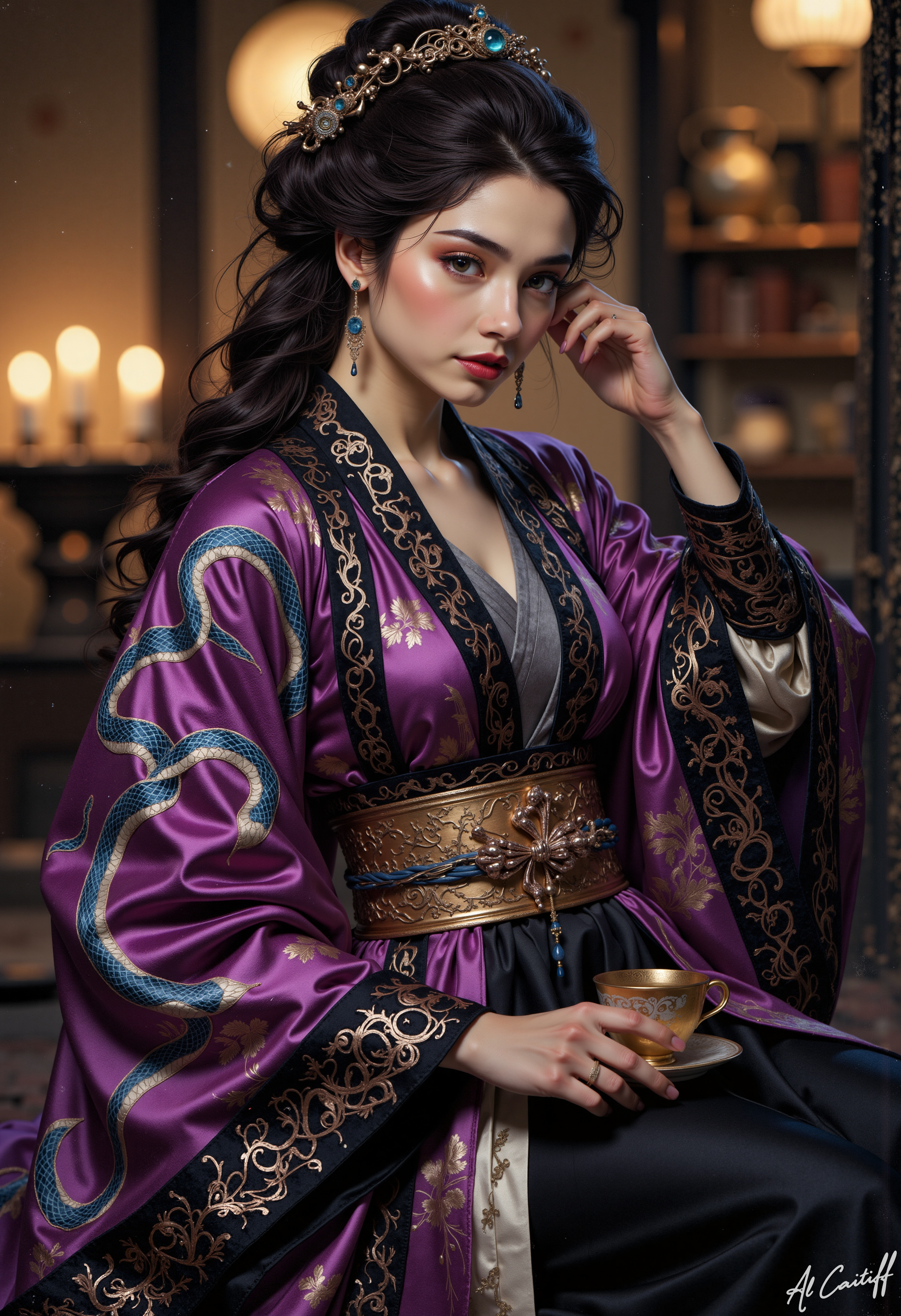 realistic picture of a woman, she has beautiful pink eyes, wearing a snake hanfu. The hanfu is crafted from rich purple, exuding warmth and opulence, and is paired with flowing layers of midnight black silk. The outer robe features bold, embroidered snake motifs in silver and deep blue, the serpents intertwining gracefully along the edges of the sleeves and hem. The inner layer of the hanfu is a shimmering charcoal gray, with a subtle, iridescent sheen reminiscent of snake scales under light.  The woman is siting and drinking tea in a chinese temple. Ligh from candles., l1n0c2t<lora:00-test/SnakeHanfu-000037.safetensors:0.25:0.25> <lora:CustomFlux/MysticRealism.safetensors:1.0:1.0> <lora:Flux/flux_realism_lora.safetensors:0.5:0.5> <lora:Flux/Linocut - s1 g4.safetensors:0.5:0.5>