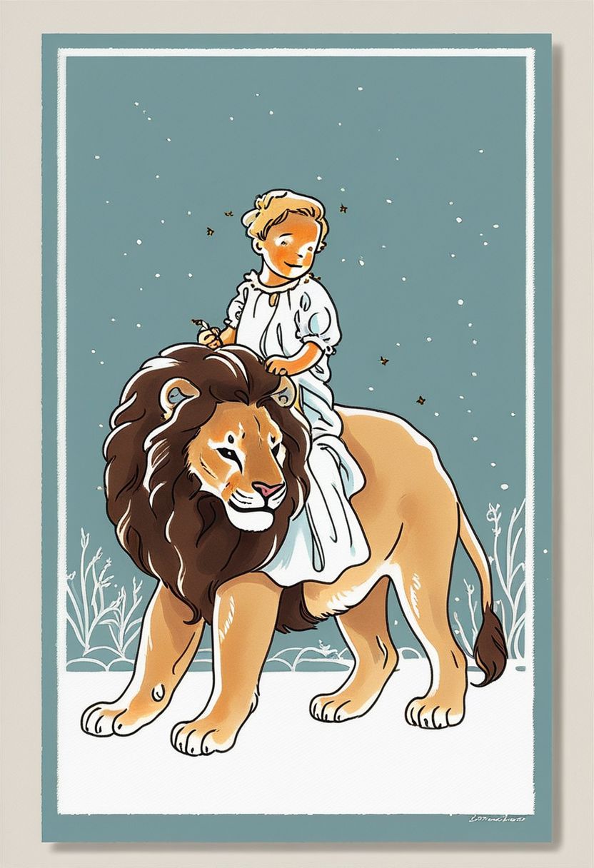score_9, 1 child riding a lion, smooth painting