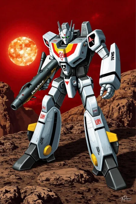 m9cha illustration.
This image is a digital drawing of a futuristic transformable humanoid combat robot. It is holding a gun with the text "UN Spacy" written on it.
The robot is standing on the rocky surface of an alien planet. There is a red sun exploding in the background. <lora:macmecha1_cap_d6a3e11:1.0><lora:820692989837011788:0>