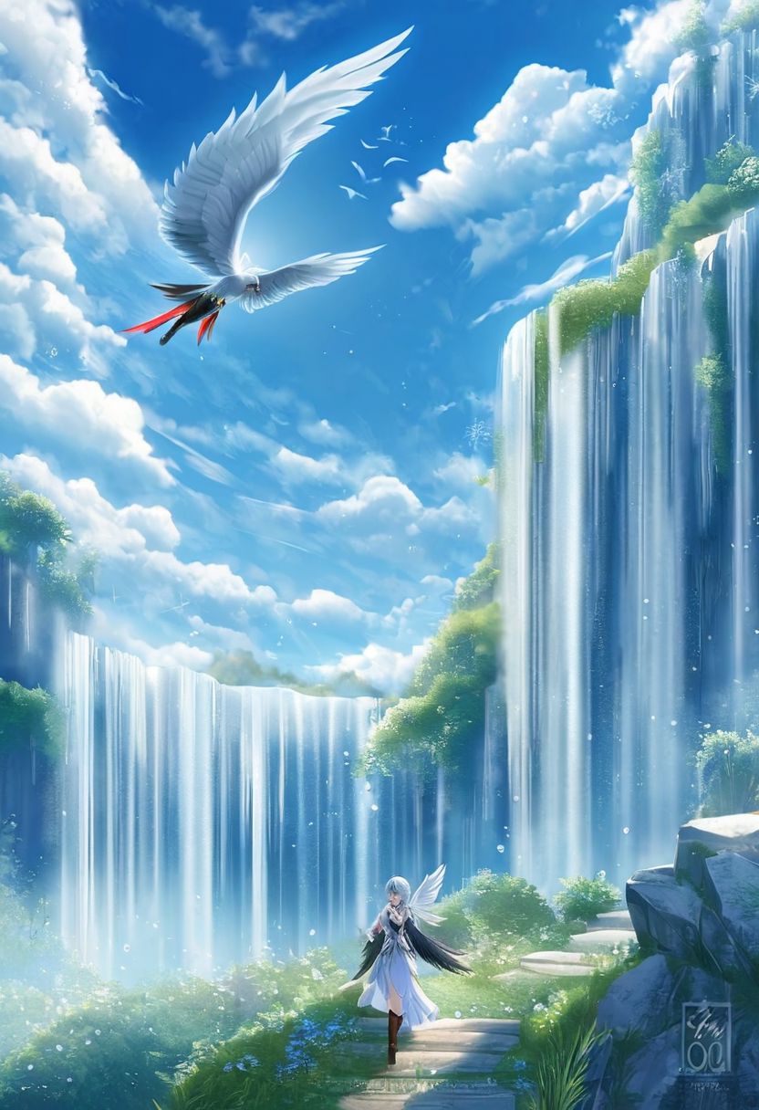 <lora:SDXLFrosted:0.8> FrostedStyle, portrait of super beautiful, Set the narrative in a biophilic retreat nestled by a cascading waterfall, where a woman,arlecchino_\(genshin_impact\)flying wings, full body, noon, blue sky, clouds, scenery,