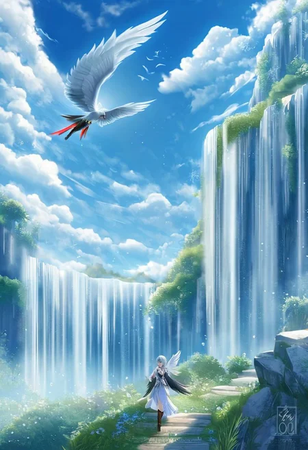 <lora:SDXLFrosted:0.8> FrostedStyle, portrait of super beautiful, Set the narrative in a biophilic retreat nestled by a cascading waterfall, where a woman,arlecchino_\(genshin_impact\)flying wings, full body, noon, blue sky, clouds, scenery,