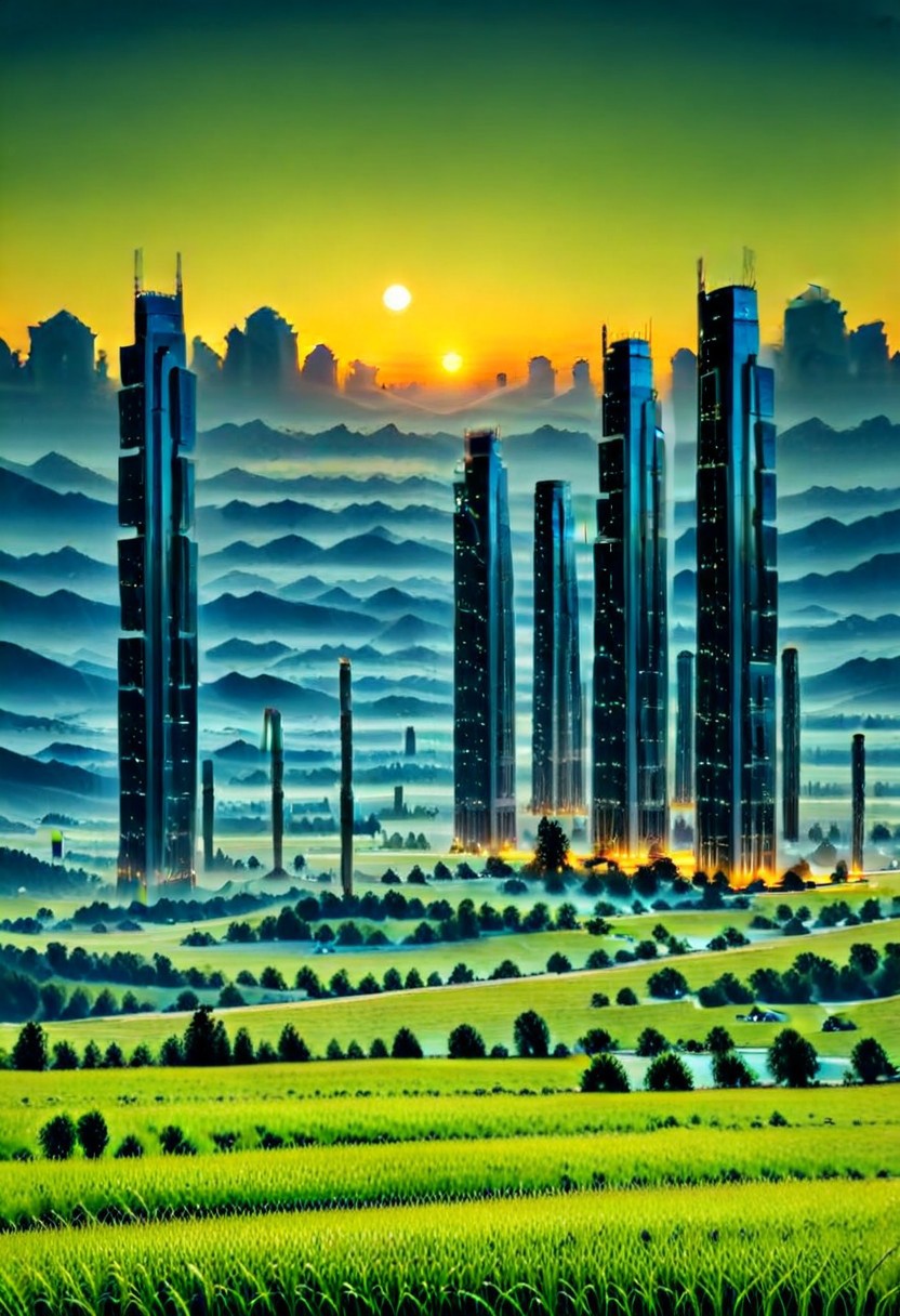 scenery, mountains, tree, grass, towers, skyscraper,