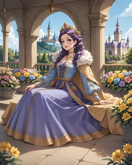 score_9, score_8_up, score_7_up, 1girl, wearing medfa, medfa clothing, sitting, castle garden, gazebo, (colorful cushions), purple and blue clothing, flowing skirt, voluminous skirt, fur trim, gold accents, flowers, summer day, extremely detailed clothing, jacquard fabric, complex embroidery, masterpiece, highest quality, absurdres, (extremely detailed,best quality:1.1), detailed face, detailed hair, digital art, anime, <lora:Medieval_Fashion_XL:1>, <lora:OtherStyle_08-Merge5_06_04_02_02:1>