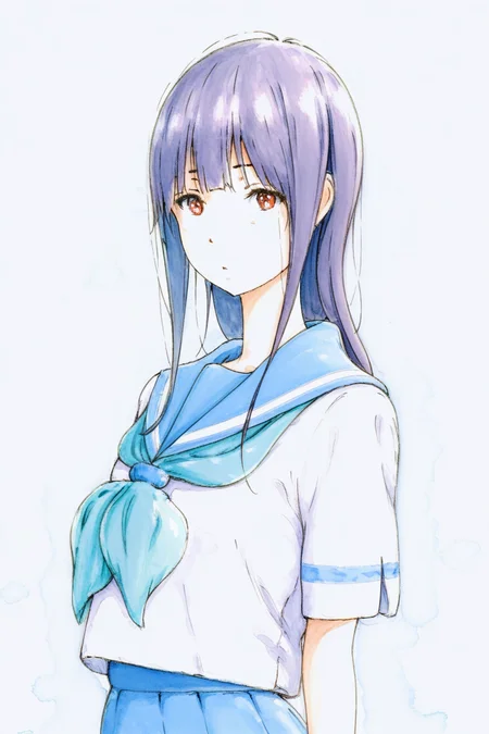masterpiece, best quality, amazing quality,
 <lora:Bbmasa_IL:1> bbmasa, 1girl, looking at viewer, red eyes, portrait, solo, kitauji high school uniform, school uniform, skirt, long hair, blue skirt, serafuku, blue sailor collar, sailor collar, neckerchief, short sleeves, white shirt, blue neckerchief, simple background, shirt, pleated skirt, mizore, sketch, pencil drawing, watercolor (medium), painting (medium)