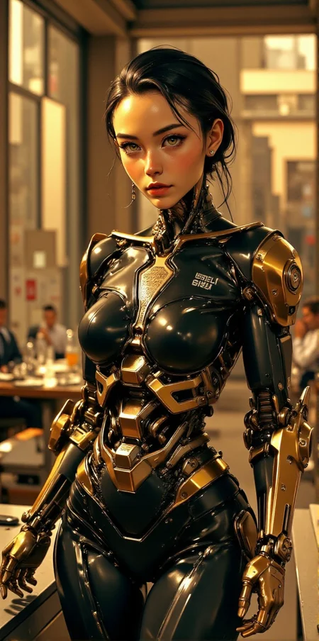 detailed photography, surreal detailed cinematic scene, hyperrealistic details, beautiful cyborg girl, perfect girl with luxury and sleek robotic body, product of futuristic corporation, gold and black environment and theme, intricate details, delicate sharp lines <lora:Midjourney_-_SemiReal_Dreams_FLUX_LoRA:1> <lora:CPA:1> <lora:flux-photo_beta_transparent:1> <lora:BLUE_mk4_angel_FLUX_06:1>