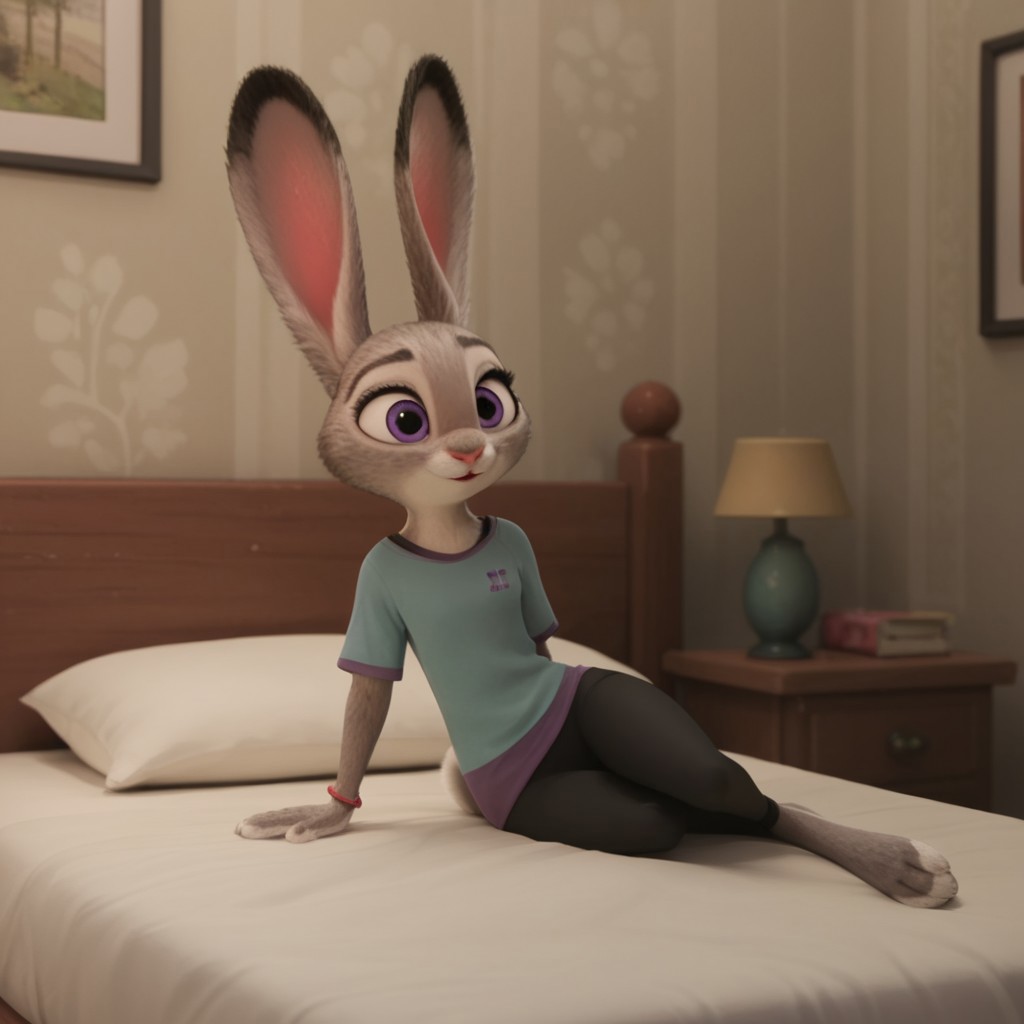 score_9, score_8_up, score_7_up, score_6_up, score_5_up, score_4_up, source_furry, hoppsJudyzt, anthro, female, bunny, grey fur, purple eyes, rabbit ears, rabbit tail, rabbit girl, teal shirt, short sleeves, black leggings, bracelet, sitting on bed, inside, bedroom,