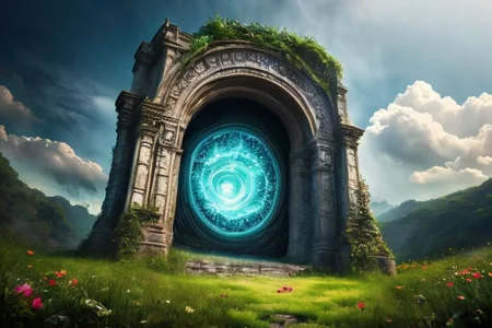 RAW photo, (masterpiece:1.3), subsurface scattering, heavy shadow, (high quality:1.4), (intricate, high detail:1.2), professional photography, HDR, High Dynamic Range, realistic, ultra realistic, photorealistic, high resolution, film photography, ambient lighting, atmospheric effects, <lora:detail_slider_v4:2>, OverallDetail, blue sky, cloud, fantasy, flower, grass, nature, no humans, outdoors, pillar, plant, portal, reflection, scenery, solo, traditional media, tree, <lora:Portal:1> , epiCPhoto