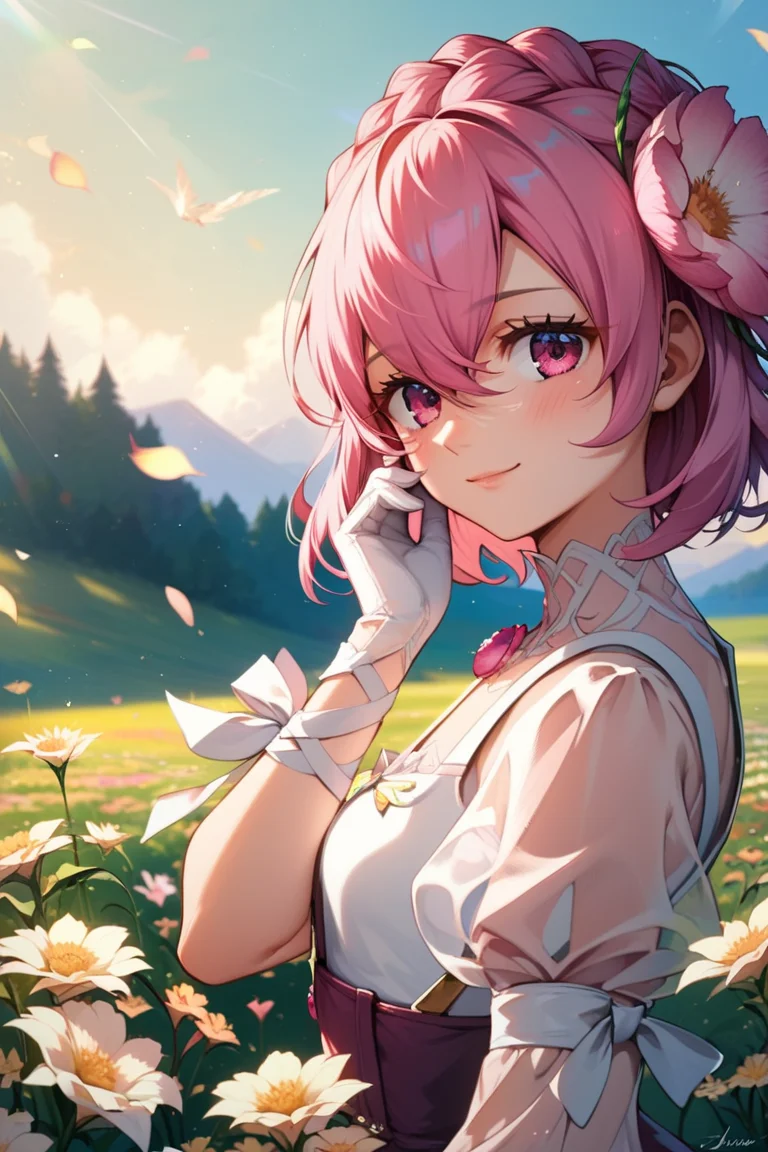 score_9, score_8_up, score_7_up, very aesthetic, source_anime, detailed, high quality, beautiful, masterpiece, detailed eyes,
<lora:lightXL:0.8>
dusk, field of flower,
<lora:action-sdxl-V0.5:1>zdyna_pose
cowboy shot, close up, upper body,
light smile, hand on own hair, blush,
<lora:misella_autismConfetti_v01:0.99> small breasts,
misella, pink hair, pink eyes, short hair, hair flower, hair between eyes,
white dress, see-through sleeves, see-through, pinafore dress, puffy sleeves, white gloves, asymmetrical sleeves, braid, leg ribbon, white footwear, white ribbon,, zPDXL
