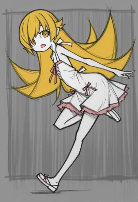 1girl, oshino shinobu, monogatari \(series\), facing to the side,, looking at viewer, no nose, open mouth, fang, standing, leaning forward, arms at sides, one leg up, full body, sketch, spot color, sketch background, traditional media, pen \(medium\), ueda hajime, masterpiece, best quality, good quality