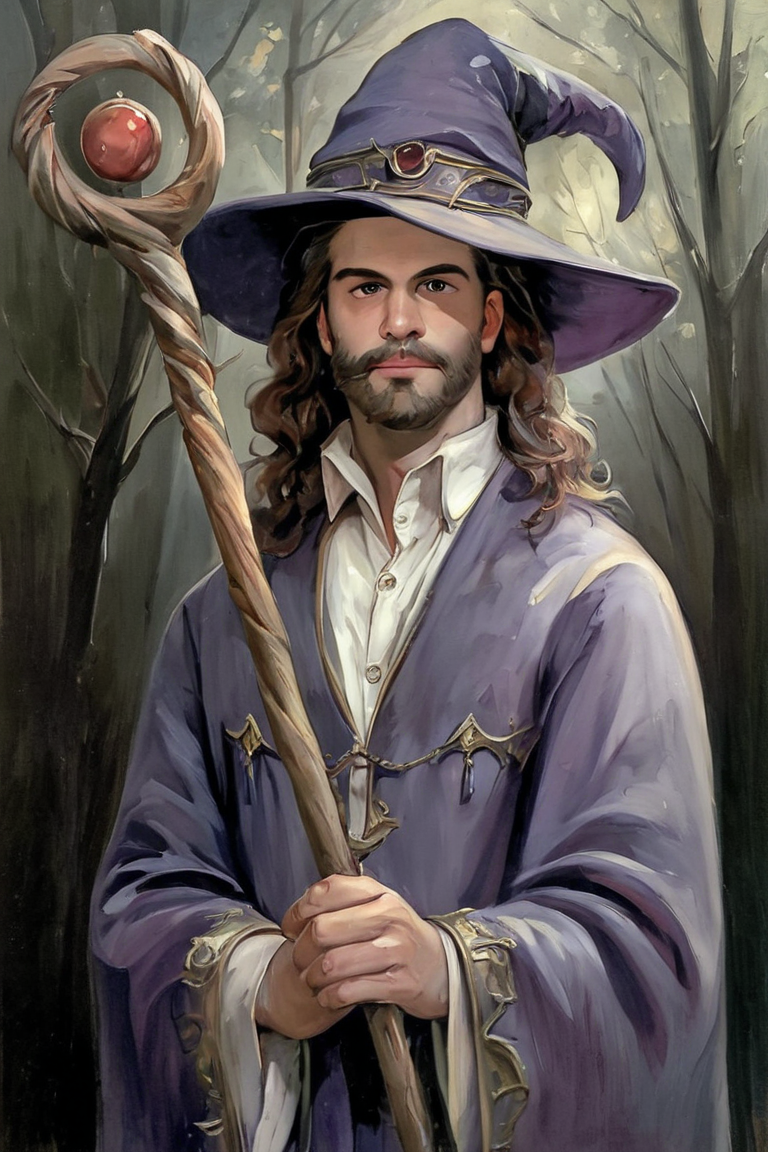 score_9, score_8_up, score_7_up, rating_safe, painterly, faux traditional media, realistic, 1boy, solo, male focus, mature male, wizard, long hair, brown hair, black eyes, looking at viewer, hat, facial hair, beard, mustache, staff, wizard hat, purple hat, shirt, collared shirt, robe, purple robe, cloak, holding, holding staff, upper body, standing, outdoors, forest, nature, tree, fog, dark background <lora:Faux Oil Painting Soft Style LoRA_Pony XL v6:0.7>