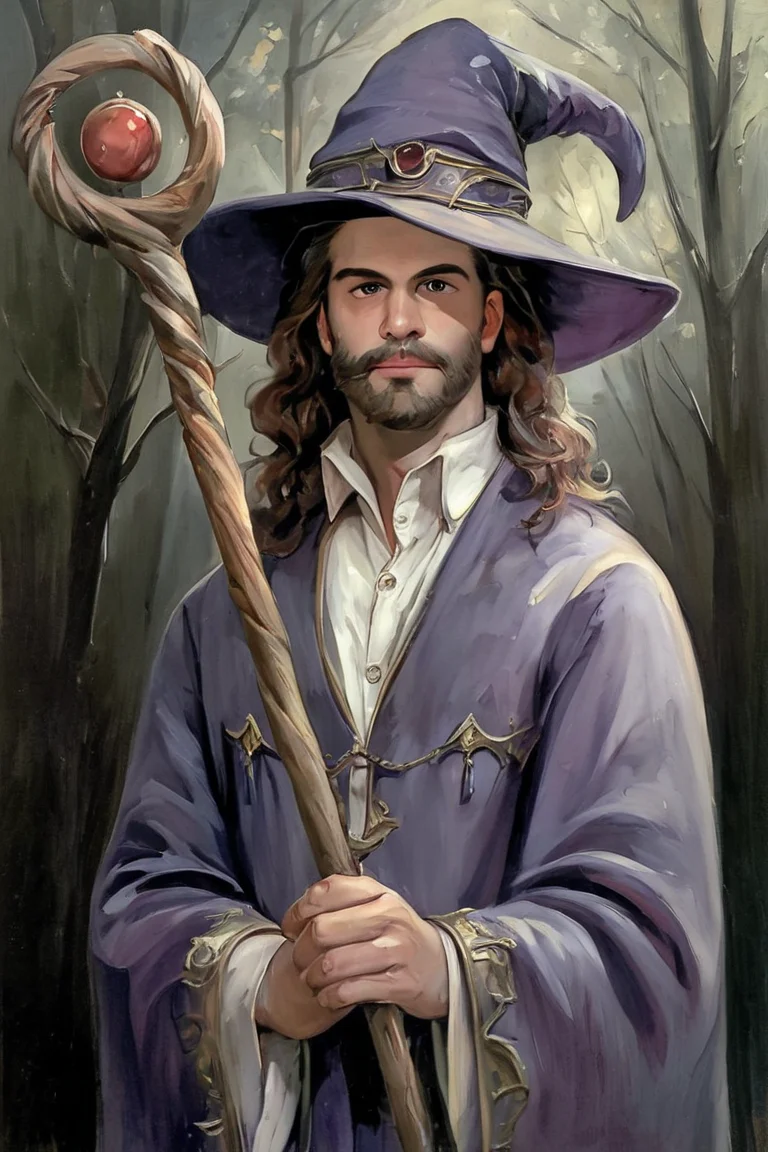 score_9, score_8_up, score_7_up, rating_safe, painterly, faux traditional media, realistic, 1boy, solo, male focus, mature male, wizard, long hair, brown hair, black eyes, looking at viewer, hat, facial hair, beard, mustache, staff, wizard hat, purple hat, shirt, collared shirt, robe, purple robe, cloak, holding, holding staff, upper body, standing, outdoors, forest, nature, tree, fog, dark background <lora:Faux Oil Painting Soft Style LoRA_Pony XL v6:0.7>