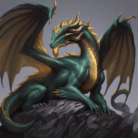 masterpiece, best quality, newest, absurdres, highres, WDIV1.0, western dragon, dragon, monster, no humans, wings, scales, monster, no humans, dragon, wings, tail, wings, dragon wings, dragon horns, horns, multiple horns, green scales, yellow eyes, beard, facial hair, yellow hair,