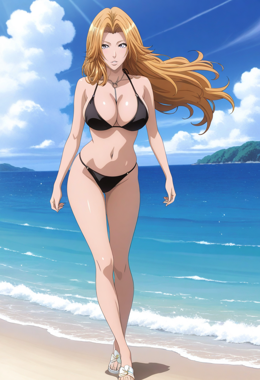 newest, masterpiece, best quality, 4k,
outside, very aesthetic, detailed background, full body,
1girl,solo,  <lora:Rangiku Matsumoto - Bleach:1> rang1ku, matsumoto rangiku, long hair, orange hair, mole under mouth, blue eyes, large breasts, cleavage, necklace, bikini