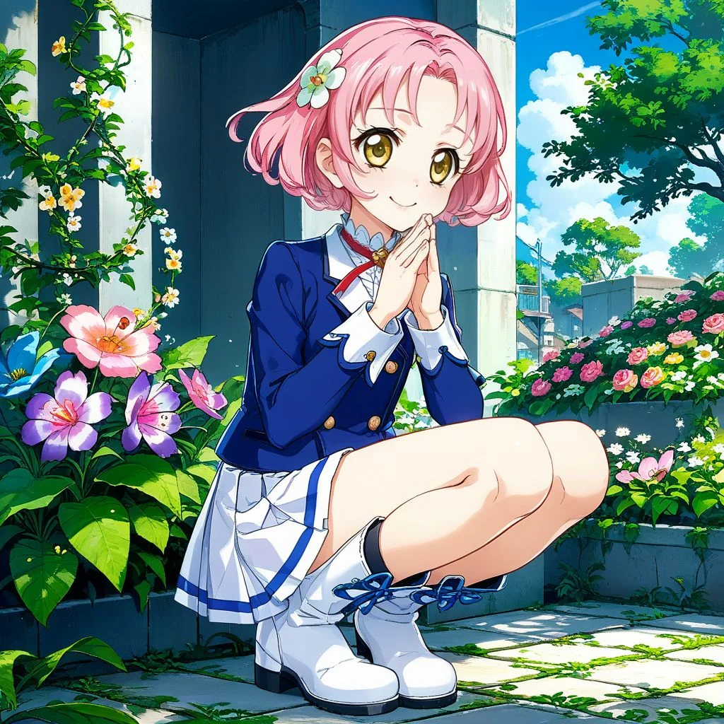 score_9, score_8_up,score_7_up,game cg,official art, uncensored, convenient censoring, covering privates,
rating_safe,rating_questionable,rating_explicit, sexually suggestive,
modeling, expressive hair, expressive clothes,
smile
flower garden,, blue sky, greenhouse
squatting, legs together, praying,
<lora:kitaoji:0.8> kitaoji,hair ornament, pink hair,yellow eyes, hair flower, flower, short hair, starlight academy school uniform,,blue jacket,white skirt,blazer white footwear, knee boots,