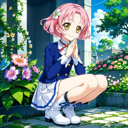 score_9, score_8_up,score_7_up,game cg,official art, uncensored, convenient censoring, covering privates,
rating_safe,rating_questionable,rating_explicit, sexually suggestive,
modeling, expressive hair, expressive clothes,
smile
flower garden,, blue sky, greenhouse
squatting, legs together, praying,
<lora:kitaoji:0.8> kitaoji,hair ornament, pink hair,yellow eyes, hair flower, flower, short hair, starlight academy school uniform,,blue jacket,white skirt,blazer white footwear, knee boots,