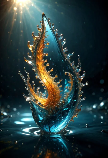 An abstract shape, amazingly fluid, made of glass, detailed, 3d fractals, light particles, water drops, shimmering light, surreal, ink, smooth, shimmering, glow, cinematice contrast, Glow,
16k