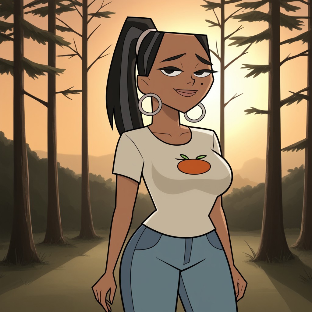 score_9, score_8, BREAK, solo, black hair, black eyes, lips, food print shirt, white shirt, short sleeves, blue pants, hoop earrings, dark skin, ponytail, mole under eye, big breasts, Total Drama, Leshawna_(Total_Drama), sexy pose, smile, outdoors, sunlight, shadows, evening lighting, natural lighting, forest, trees, grass, orange sky, sunset