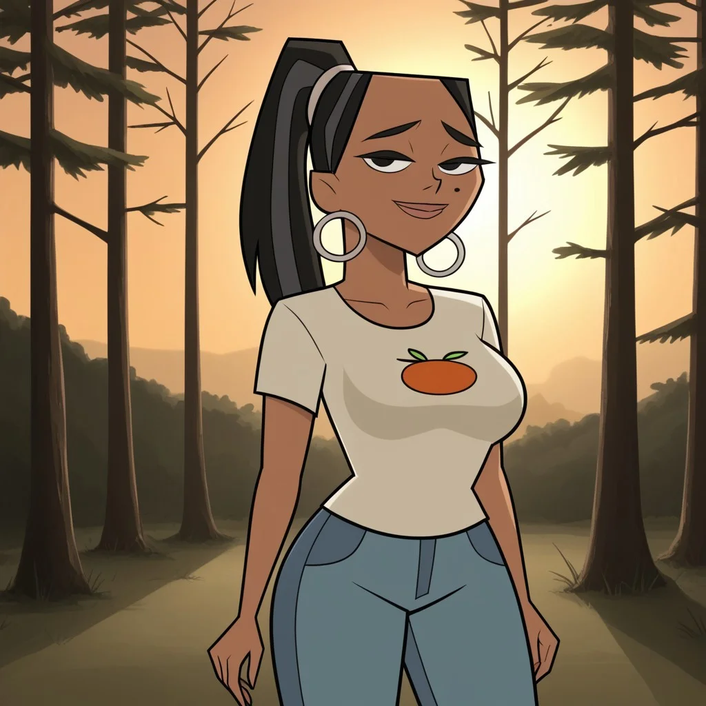 score_9, score_8, BREAK, solo, black hair, black eyes, lips, food print shirt, white shirt, short sleeves, blue pants, hoop earrings, dark skin, ponytail, mole under eye, big breasts, Total Drama, Leshawna_(Total_Drama), sexy pose, smile, outdoors, sunlight, shadows, evening lighting, natural lighting, forest, trees, grass, orange sky, sunset