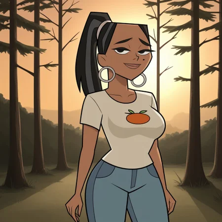 score_9, score_8, BREAK, solo, black hair, black eyes, lips, food print shirt, white shirt, short sleeves, blue pants, hoop earrings, dark skin, ponytail, mole under eye, big breasts, Total Drama, Leshawna_(Total_Drama), sexy pose, smile, outdoors, sunlight, shadows, evening lighting, natural lighting, forest, trees, grass, orange sky, sunset