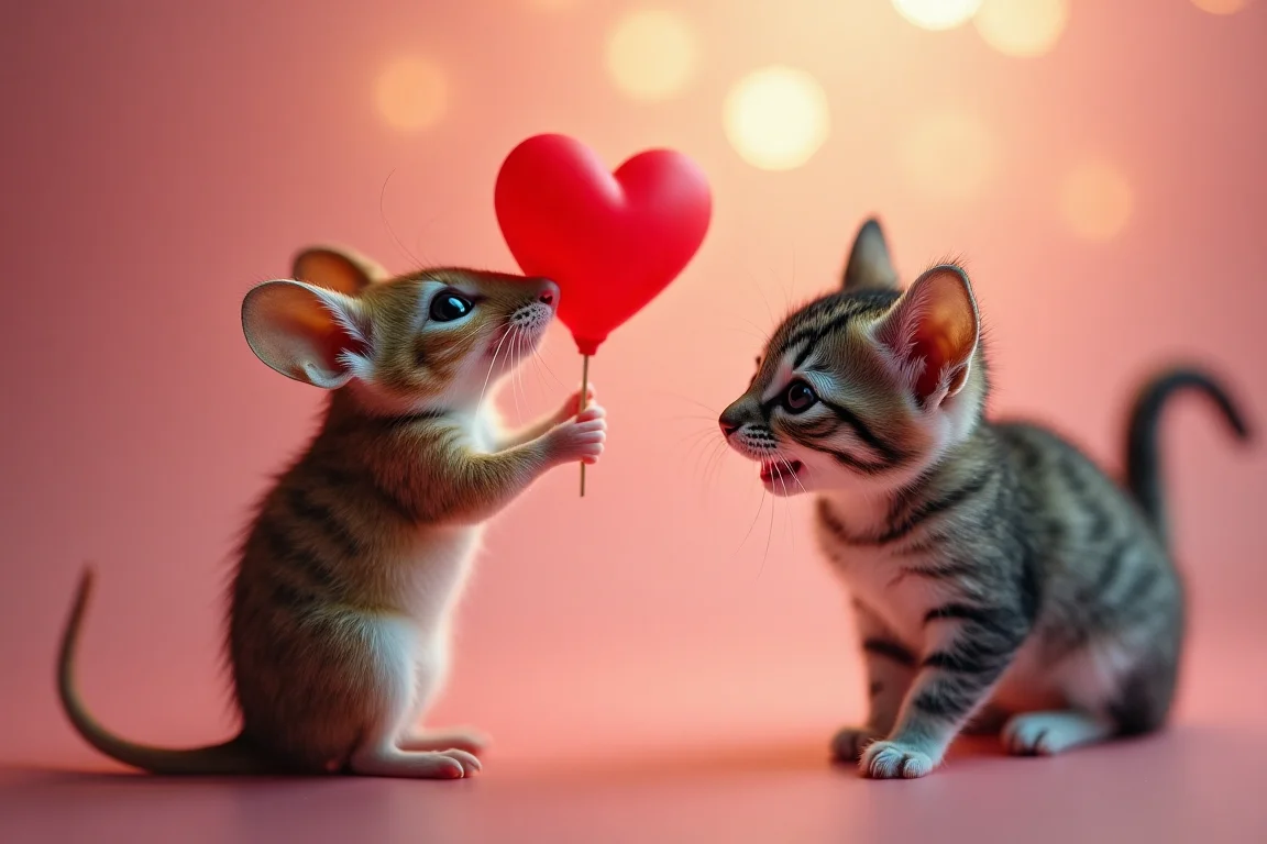 a mouse on the left giving valentine heart to a kitten on the right