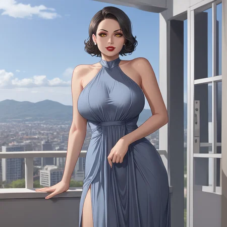 <lora:ladydimitrescu_pony_v1:.8>LadyDimitrescu, 1girl, solo, large breasts,  yellow eyes, black hair, short hair, makeup, lipstick, tall female, pale skin,  <lora:0932 Home wear 9_v1_pony:1> ruanyi0932,blue dress,halter dress,sleeveless,cowboy shot,taut dress,skin tight,long dress