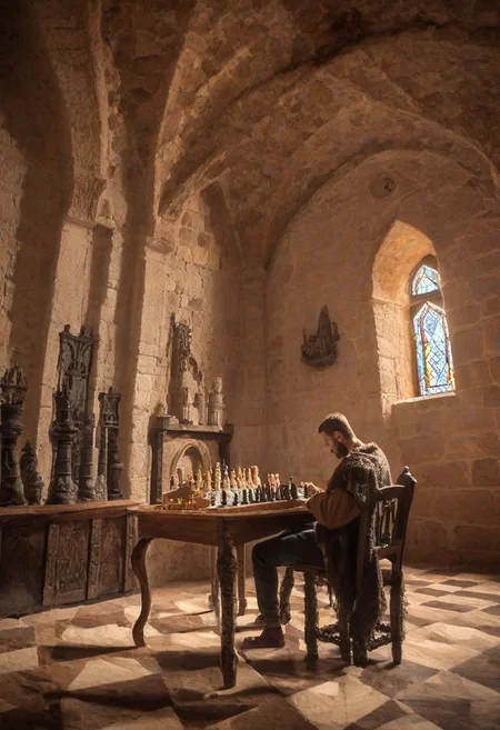 A man holding a castle while playing chess in a castle