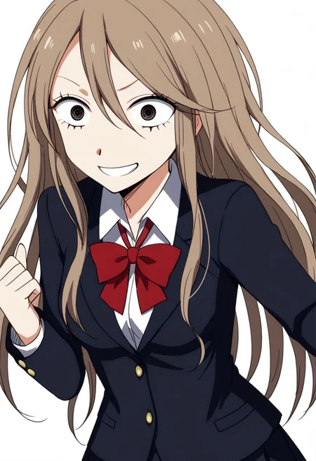 anime screencap, anime coloring,
simple background, white background,
BREAK
1girl, solo, 美咲, misaki, long hair, brown hair, school uniform, blazer, pleated skirt, wide eyes, grin