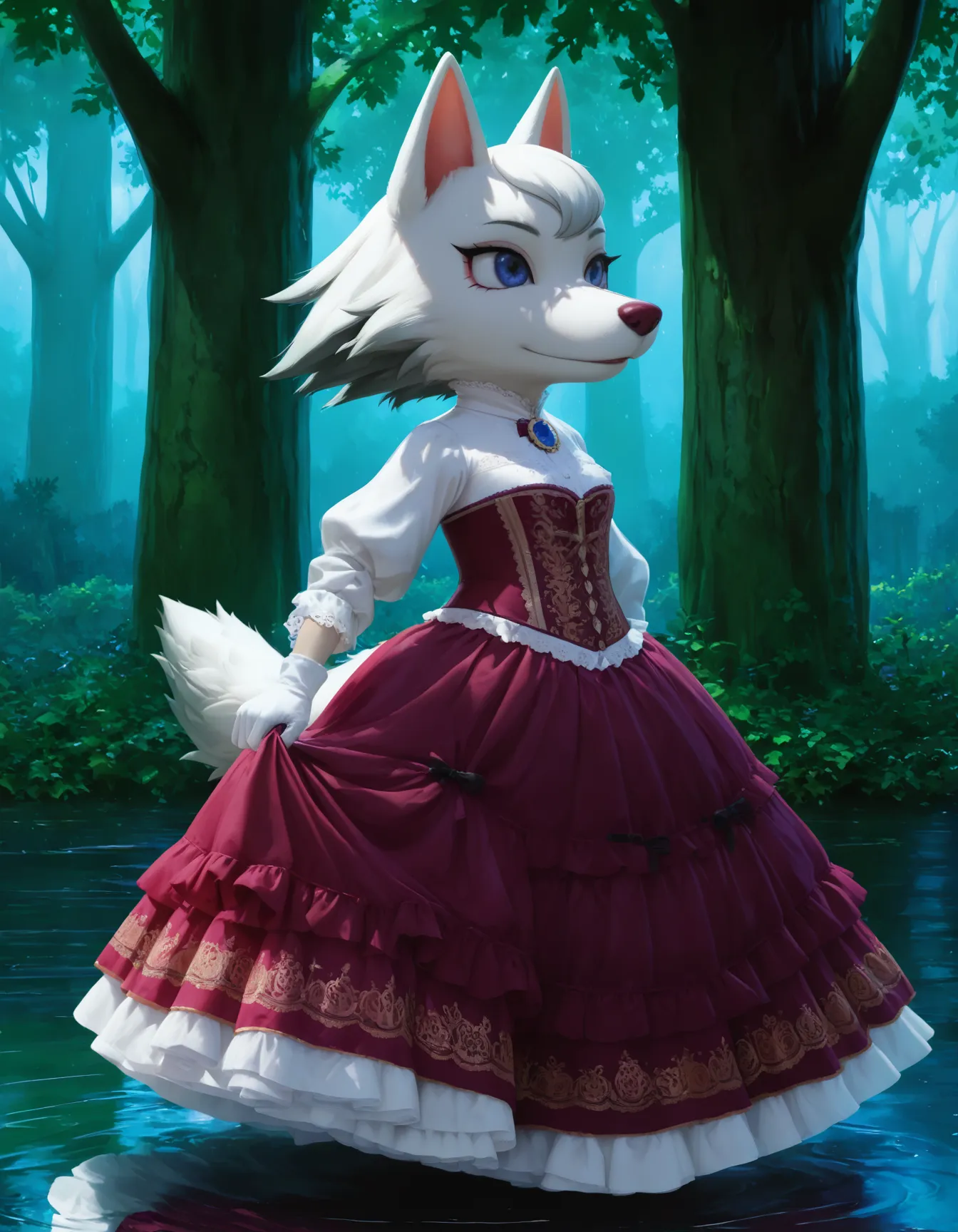 realistic, detailed, photo, detailed background, detailed, sharp lighting, beautiful lighting, detailed background, (masterwork, masterpiece, best quality, hyper-detailed, 8k uhd), newest, BREAK, whitneyc, wolf, white fur, small breasts, 1girl, female, solo, blue eyes, maroon nose, tail, cartoon, standing, flat color, outdoors, raining, rain, smile, from side, looking to side, walking, tail up, puddles, detailed background, forest, shade, Victorian dress, long dress, high collar, puffed sleeves, lace trim, layered skirt, ruffles, corset, fitted bodice, long sleeves, gloves, petticoat, elegant, historical fashion, vintage, 19th century, detailed embroidery, frilly, ornate dress, flowing fabric, buttoned dress, brooch, ribbon, silk, satin, modest attire,
<lora:Whitney_v2Noob3s96:1> <lora:noobai_ep11_stabilizer_v0.138_fp16:0.8>