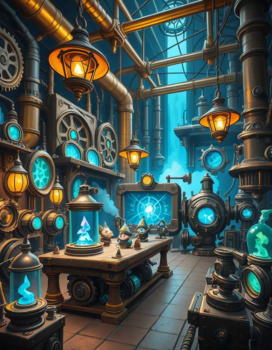 A highly detailed and immersive gnome workshop inspired by World of Warcraft, filled with intricate mechanical devices, glowing gadgets, and arcane-infused machinery. The workshop is cluttered with blueprints, gears, and steam-powered contraptions, creating a vibrant steampunk-fantasy aesthetic. The lighting comes from flickering arcane lamps, neon-colored tubes, and softly glowing mana crystals, casting a warm yet mysterious ambiance. In the background, large brass pipes, rotating cogs, and suspended platforms form a complex, multi-layered workspace. A large workbench at the center is covered with half-finished inventions, from tiny clockwork creatures to experimental energy weapons. The walls are adorned with schematics, tool racks, and magical energy conduits. The atmosphere feels lively, as if gnome engineers have just stepped away from their latest tinkering project, leaving sparks flying and steam hissing from unfinished experiments. The color palette is a mix of vibrant blues, greens, and metallic hues, enhancing the high-tech yet whimsical charm of gnomish engineering.<lora:SDXLFaeTastic2400:0.4> <lora:extremely_detailed:0.4> extremely detailed,gnome w0rksh0p <lora:gnome_w0rksh0p-i:1>, Masterpiece,best quality,hi res,8k,hi res,8k,award winning,(sharp focus, intricate, highly detailed),