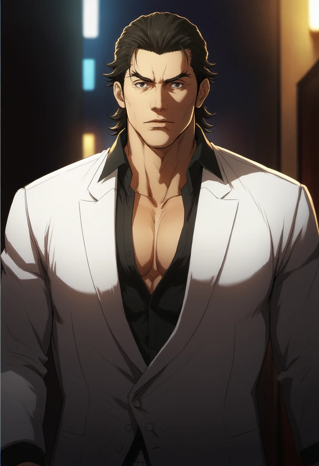1boy, longfangwang_tonkotsu, black hair, black eyes, white suit, black formal shirt, score_7_up, muscular, manly, big muscule, ((middle-age man)), score_6_up, score_8_up, score_9, looking at viewer, detailed eyes, 8k uhd, high quality, alley, street, dark , ((night)) ,standing,front view, arm at side, open shirt, chest, cinematic view