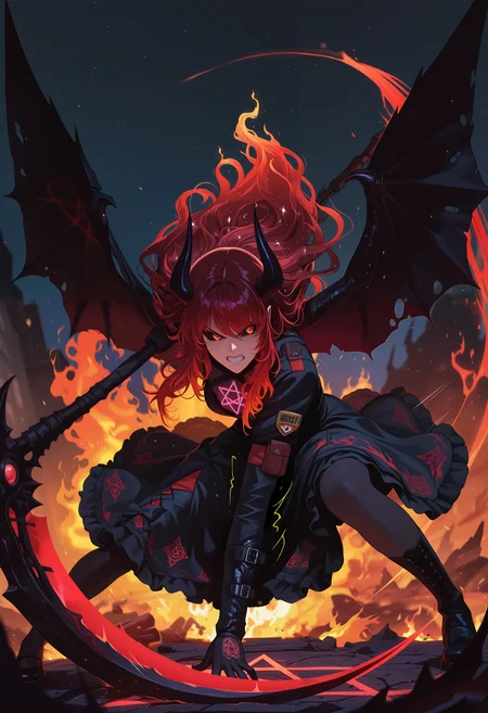 masterpiece, best quality, good quality, very aesthetic, absurdres, newest, 8K, depth of field, focused subject, dynamic angle, solo, 1girl, black sclera, obsessed, demon girl, focused face, angry face, fight,
glitter hair, long hair, black and red hair, holofoil, 
combat solider, nightstalker, black angel wings, goth dress, holding and wielding scythe, slashing, stance, apocalyptic, glowing pentagram, in flames, clear night sky, neon nightvision, secret mission, motion lines, motion blur