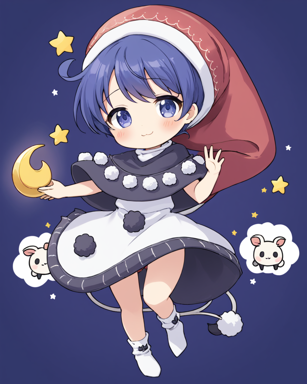 doremy sweet,1girl, nightcap, solo, pom_pom_\(clothes\), sheep, red_headwear, black_capelet, crescent_moon, star_\(symbol\), tapir_tail, looking_at_viewer, :3, chibi, blush, full_body, white_dress, holding, smile, socks, parted_lips, animal
<lora:doremy_sweet_image2053_2023-12-20-000010:1>,star-shaped_pupils,symbol-shaped_pupils,. gorgeous,key visual, vibrant, studio anime,award-winning, professional, highly detailed,high budget, cinemascope